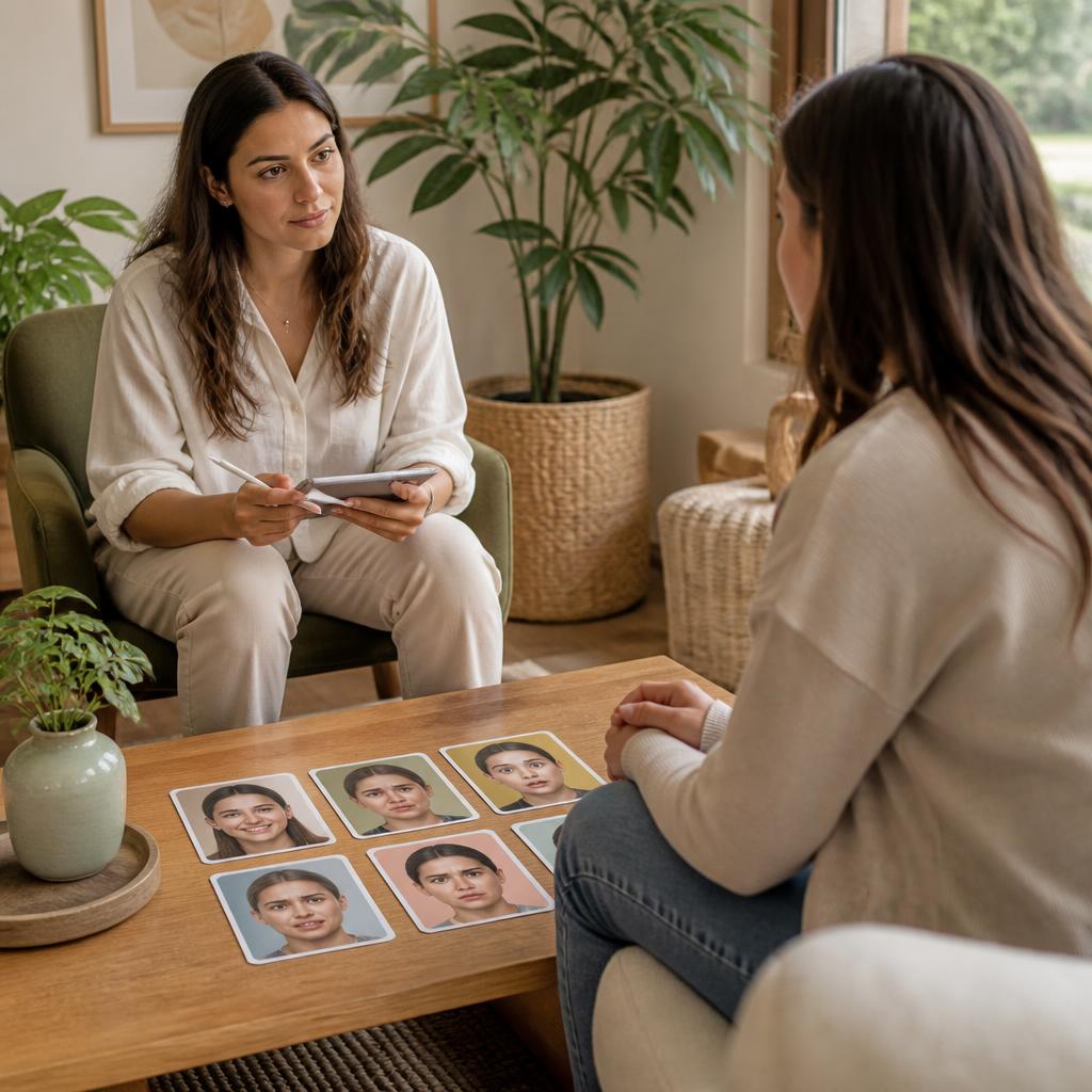 Terapeutka i klientka pracują z kartami emocji w gabinecie